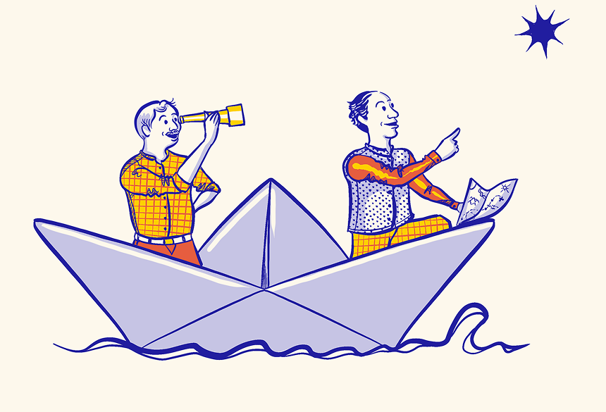 Illustration of hosts Vasu and Santanu in a paper boat